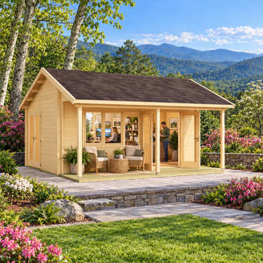 Lerum 44 professional home office surrounded by rhododendrons, mature hardwoods, and layered Blue Ridge Mountains near Asheville, North Carolina.