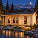 Small wood cabin with glass doors and windows illuminated at night by a lake near snowy mountains.