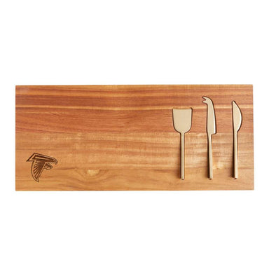 Atlanta Falcons Crate & Barrel Octavia Small Wood Board with acacia wood and stainless steel cheese knives and team logo