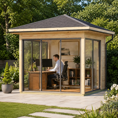Square wood and glass garden studio with a dark shingle roof, used as a home office with a desk and computer inside.