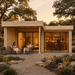 Lasse 44B ALU wood studio with glass doors, featuring a lit interior bar and outdoor seating area at dusk.