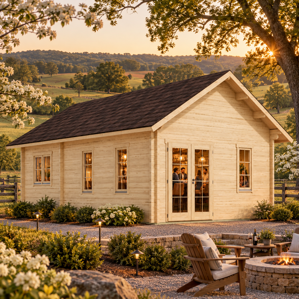 Light wood Farum 70 multi-room house with a dark gabled roof, glass doors, and windows near a stone fire pit at sunset.