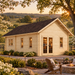 Light wood Farum 70 multi-room house with a dark gabled roof, glass doors, and windows near a stone fire pit at sunset.