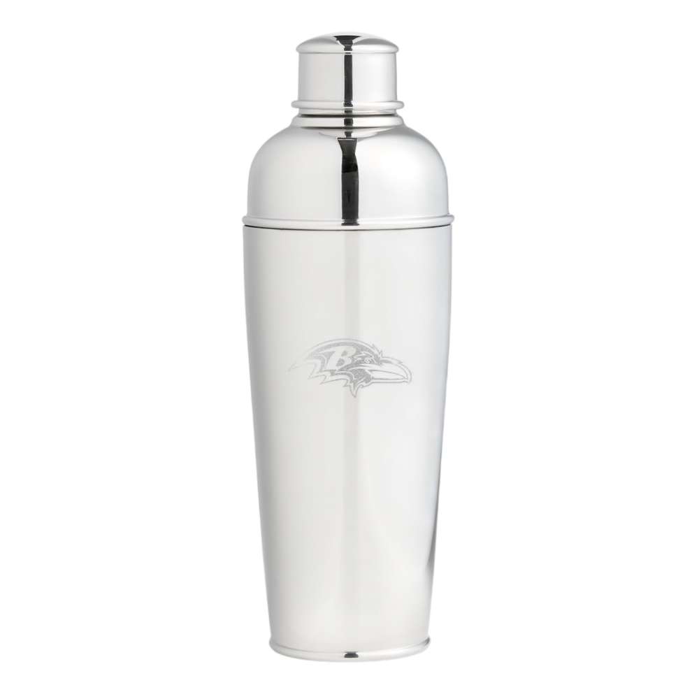 Baltimore Ravens Crate & Barrel Easton Stainless Steel Cocktail Shaker with polished stainless steel and team logo design
