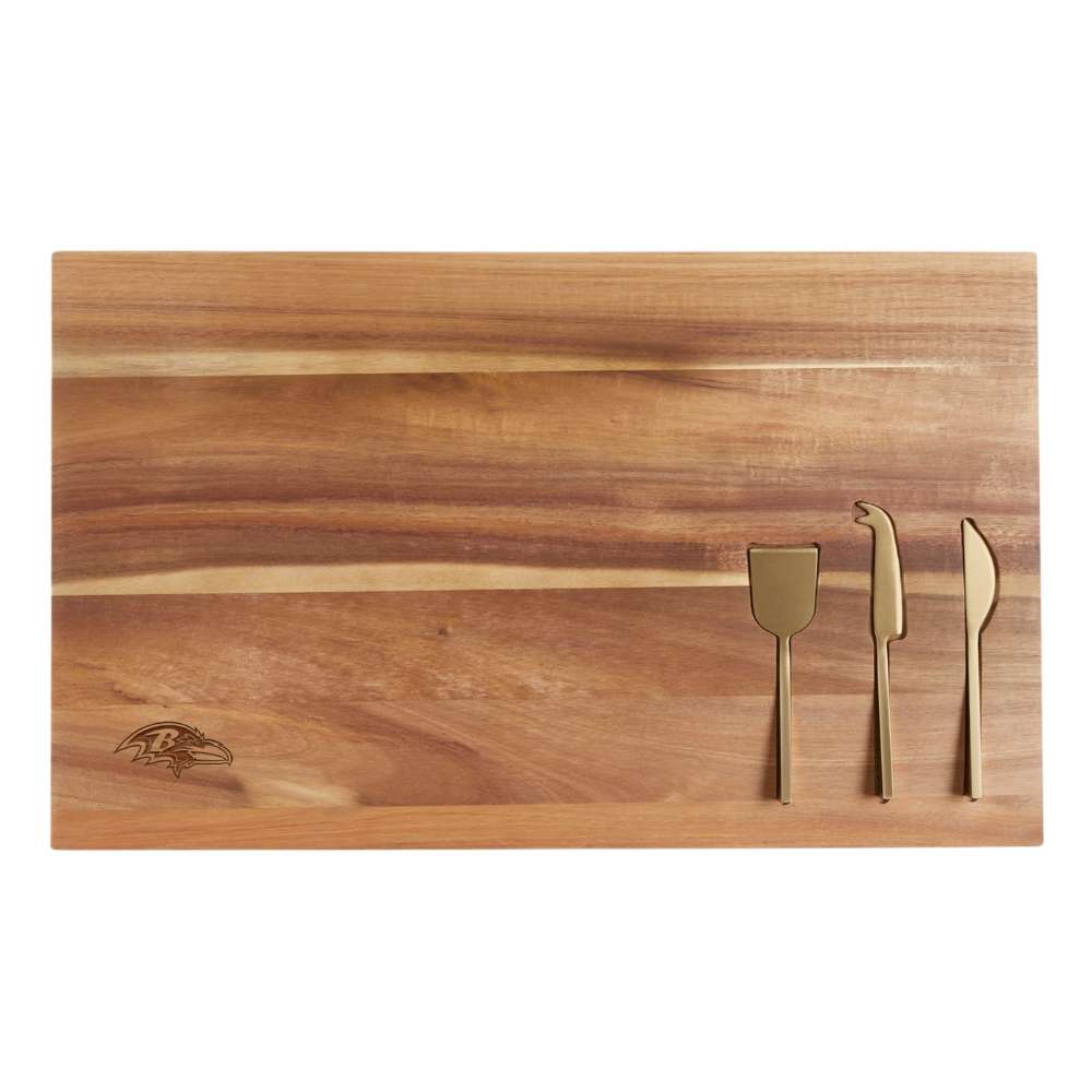 Baltimore Ravens Crate & Barrel Octavia Large Wood Board with acacia wood and stainless steel cheese knives