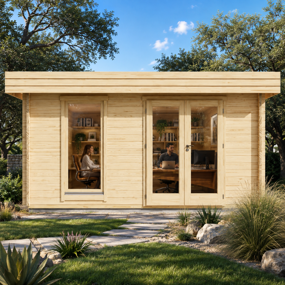 Rectangular light wood studio with glass doors and window, featuring a home office interior set in a grassy garden.