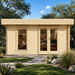 Rectangular light wood studio with glass doors and window, featuring a home office interior set in a grassy garden.