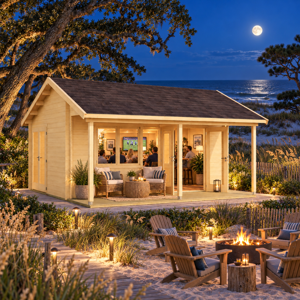 Lerum 44 sports room illuminated at night among live oaks, maritime pines, sea oats, and coastal dunes on North Carolina’s Outer Banks.