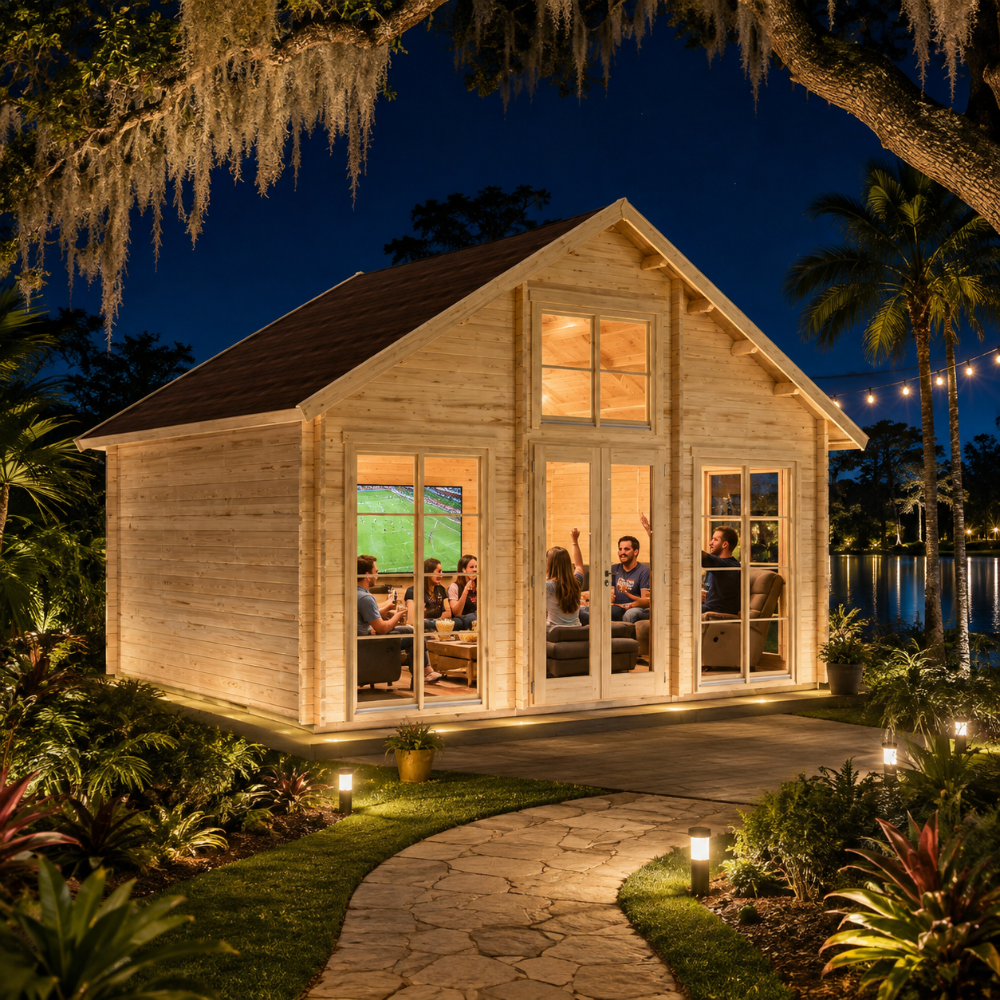Nighttime view of the illuminated Bern 70 cabin utilized as an outdoor entertainment room, showing a stone walkway, landscaping lights, and people inside watching sports on TV.