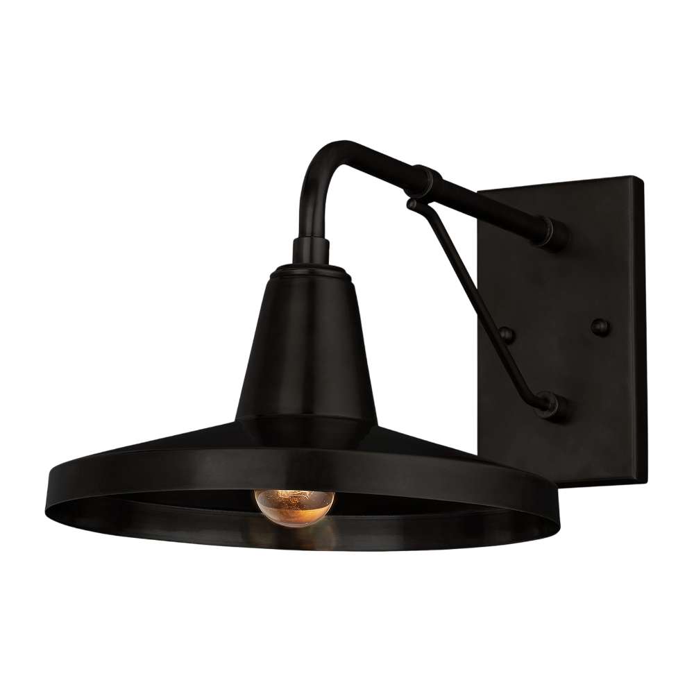 Black Crate & Barrel Mariner Outdoor Wall Sconce in matte black solid brass with a wide faceted shade on a braced cantilever arm