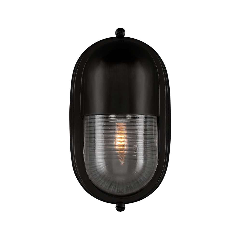 Black Crate & Barrel Maritime Black Outdoor Wall Sconce in matte black solid brass with a dimmable fluted glass shade, shown in the featured product view