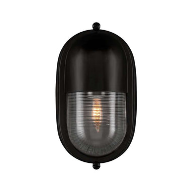 Black Crate & Barrel Maritime Black Outdoor Wall Sconce in matte black solid brass with a dimmable fluted glass shade, shown in the featured product view