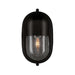 Black Crate & Barrel Maritime Black Outdoor Wall Sconce in matte black solid brass with a dimmable fluted glass shade, shown in the featured product view