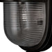 Black Crate & Barrel Maritime Black Outdoor Wall Sconce in matte black solid brass with a fluted glass shade and hardwired mounting plate, shown in the fifth alternate view