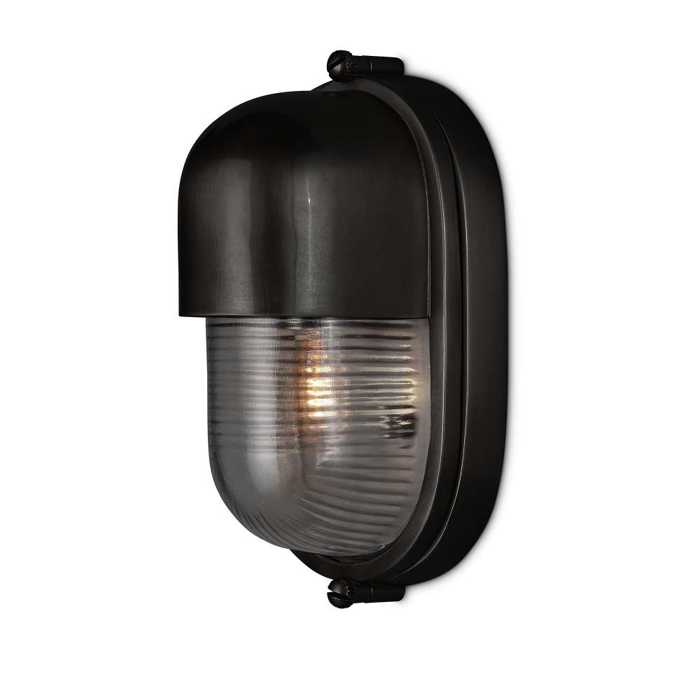 Black Crate & Barrel Maritime Black Outdoor Wall Sconce in matte black solid brass with a fluted glass shade, rated for outdoor and bathroom use, shown in the fourth alternate view