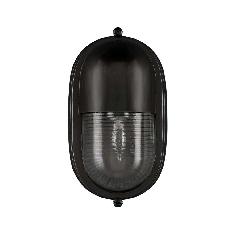 Black Crate & Barrel Maritime Black Outdoor Wall Sconce in matte black solid brass with a fluted glass shade, shown in the main product view