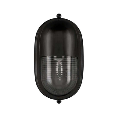 Black Crate & Barrel Maritime Black Outdoor Wall Sconce in matte black solid brass with a fluted glass shade, shown in the main product view