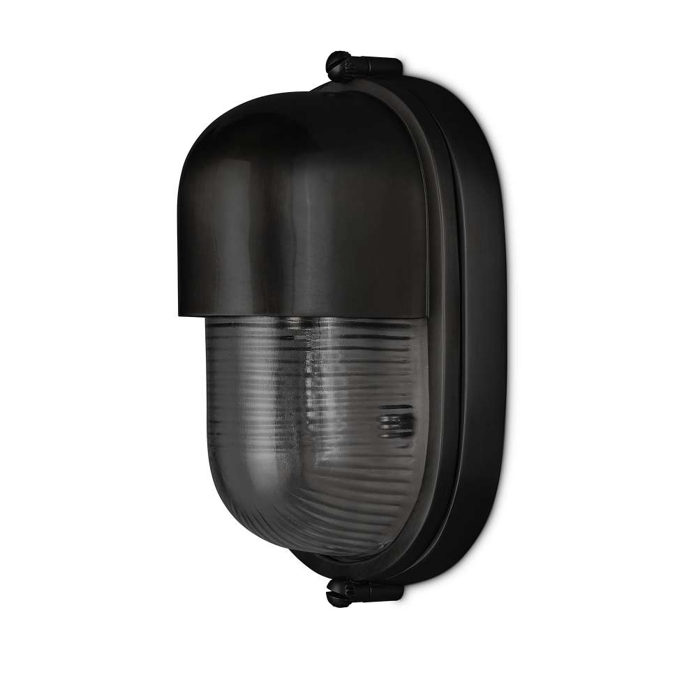 Black Crate & Barrel Maritime Black Outdoor Wall Sconce in matte black solid brass with a nautical-inspired fluted glass shade, shown in the third alternate view