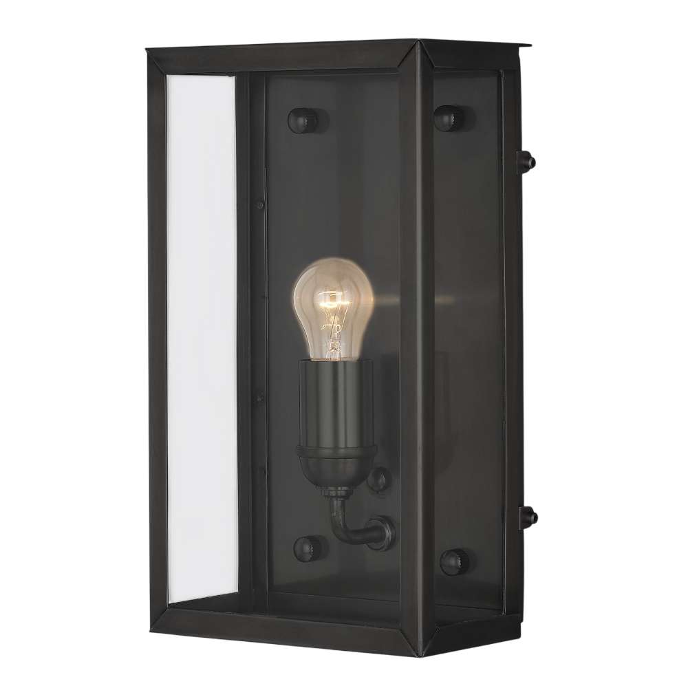 Black Crate & Barrel Royster Black Outdoor Wall Sconce in matte black solid brass with a single E26 socket behind clear glass, shown in the second alternate view