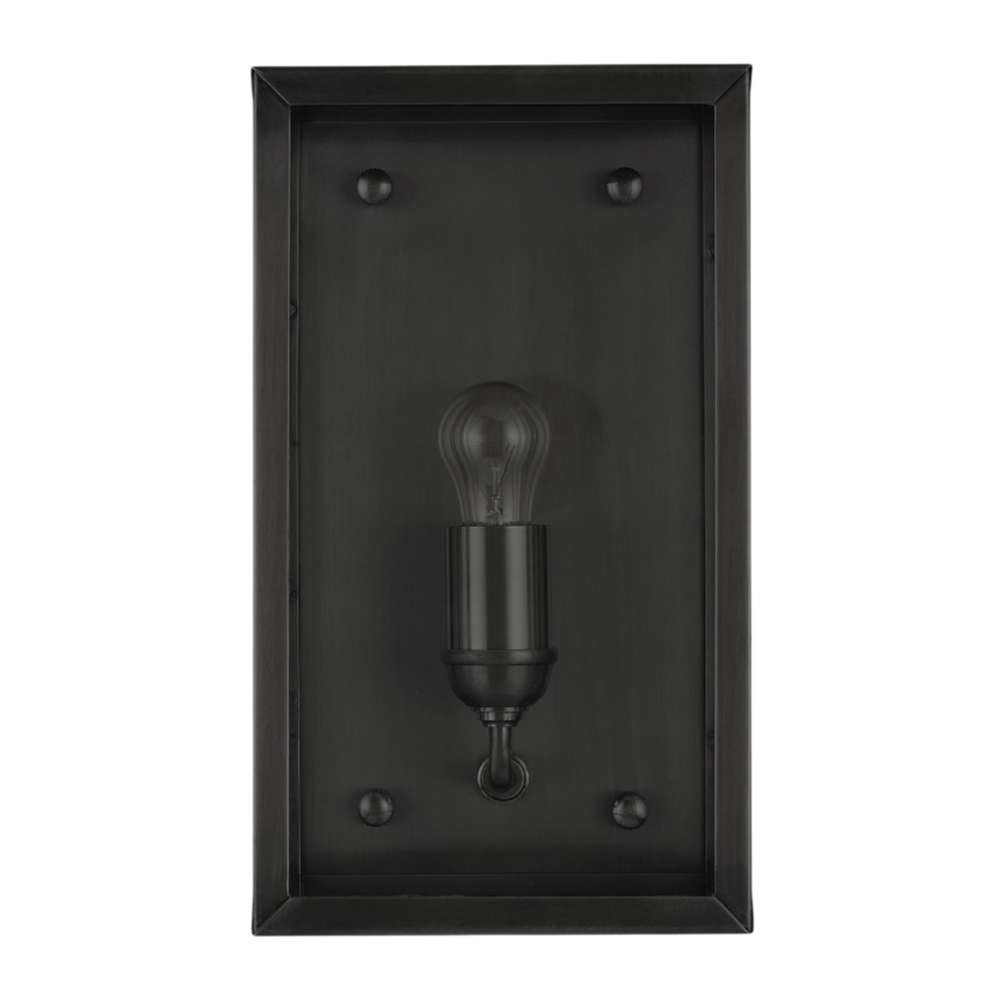 Black Crate & Barrel Royster Black Outdoor Wall Sconce in matte black solid brass with clear glass panes in an open lantern frame, shown in the main product view