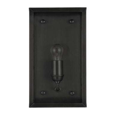 Black Crate & Barrel Royster Black Outdoor Wall Sconce in matte black solid brass with clear glass panes in an open lantern frame, shown in the main product view