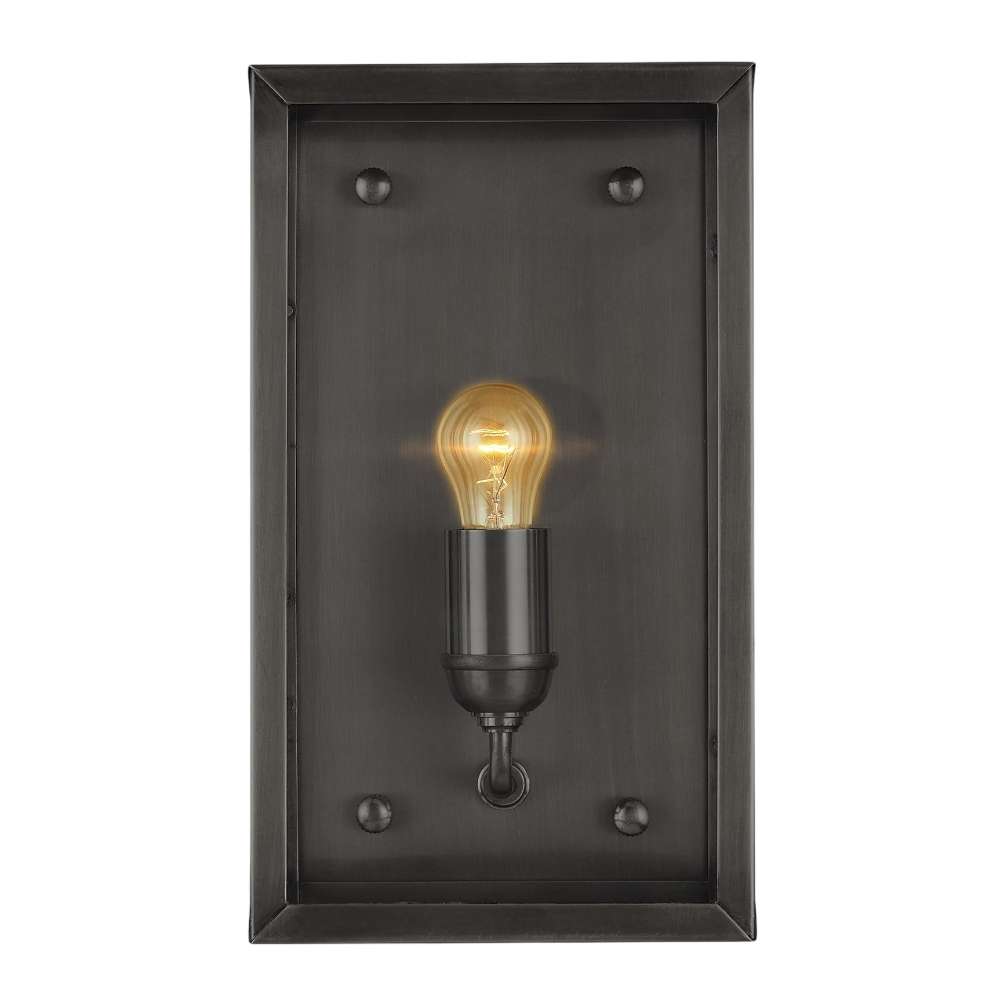 Black Crate & Barrel Royster Black Outdoor Wall Sconce in matte black solid brass with knurled knobs and exposed fittings on the frame, shown in the first alternate view