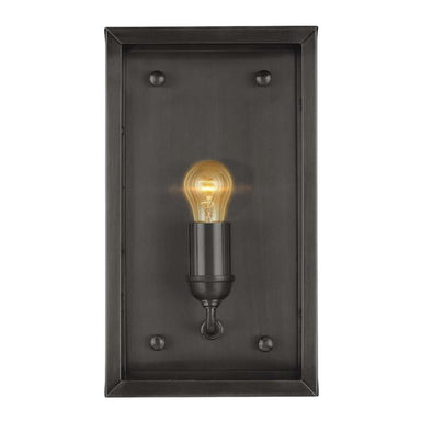 Black Crate & Barrel Royster Black Outdoor Wall Sconce in matte black solid brass with knurled knobs and exposed fittings on the frame, shown in the first alternate view
