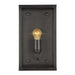 Black Crate & Barrel Royster Black Outdoor Wall Sconce in matte black solid brass with knurled knobs and exposed fittings on the frame, shown in the first alternate view