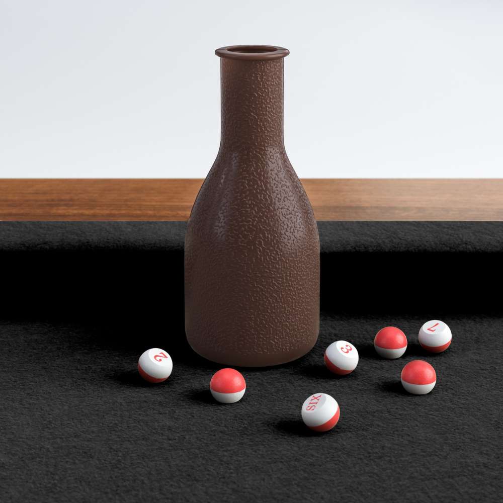 Black Crate & Barrel Walnut Pool Table with Wall Rack and Accessories in close up on a brown shake bottle standing on the black felt with small numbered red and white peas scattered around it