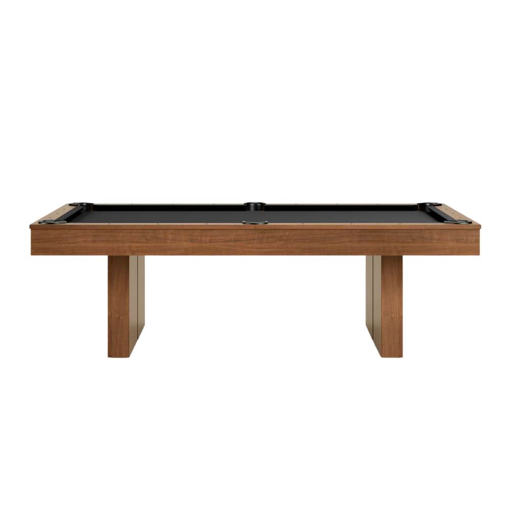 Black Crate & Barrel Walnut Pool Table with Wall Rack and Accessories seen straight from the long side against a white background with black felt and two slab legs