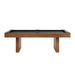 Black Crate & Barrel Walnut Pool Table with Wall Rack and Accessories seen straight from the long side against a white background with black felt and two slab legs