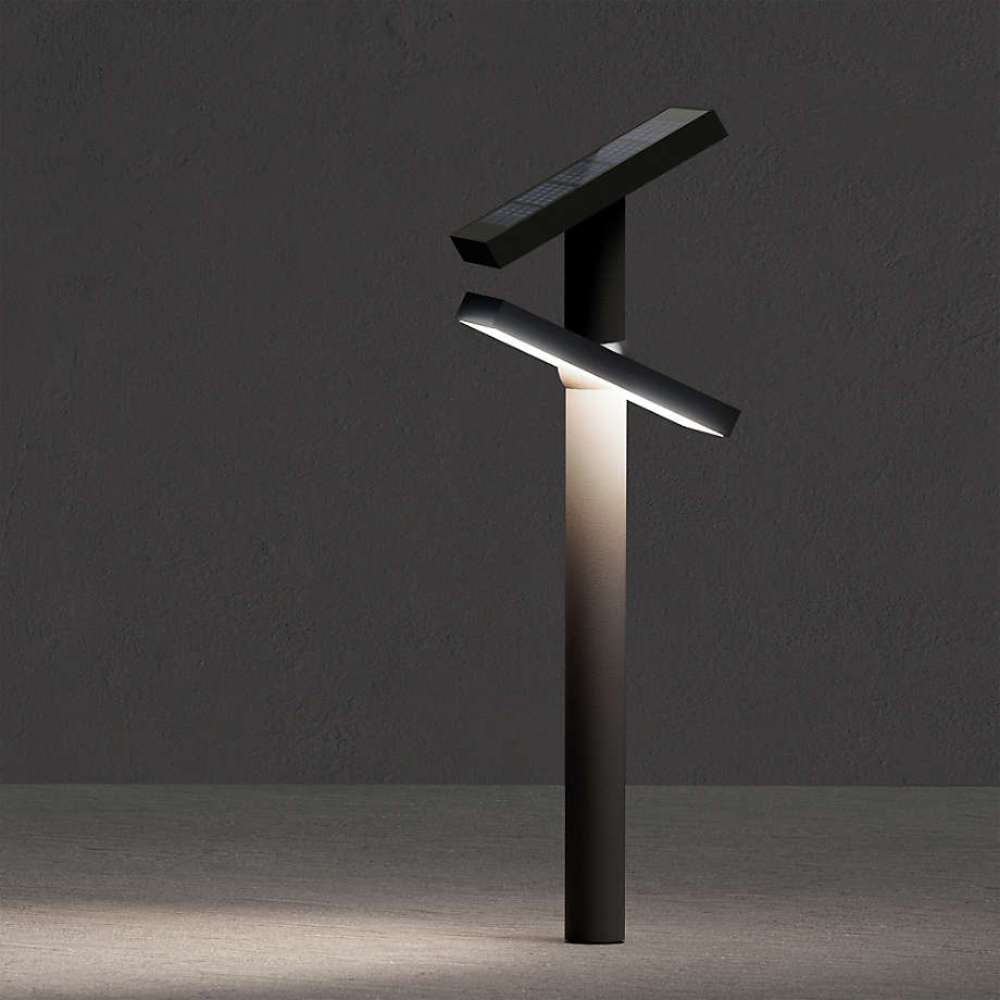 Black Crate & Barrel Zafferano Heliostepper LED Outdoor Solar Lamp with a glass diffuser over its integrated LED and a sea salt-resistant black powdercoat finish, shown in alternate view