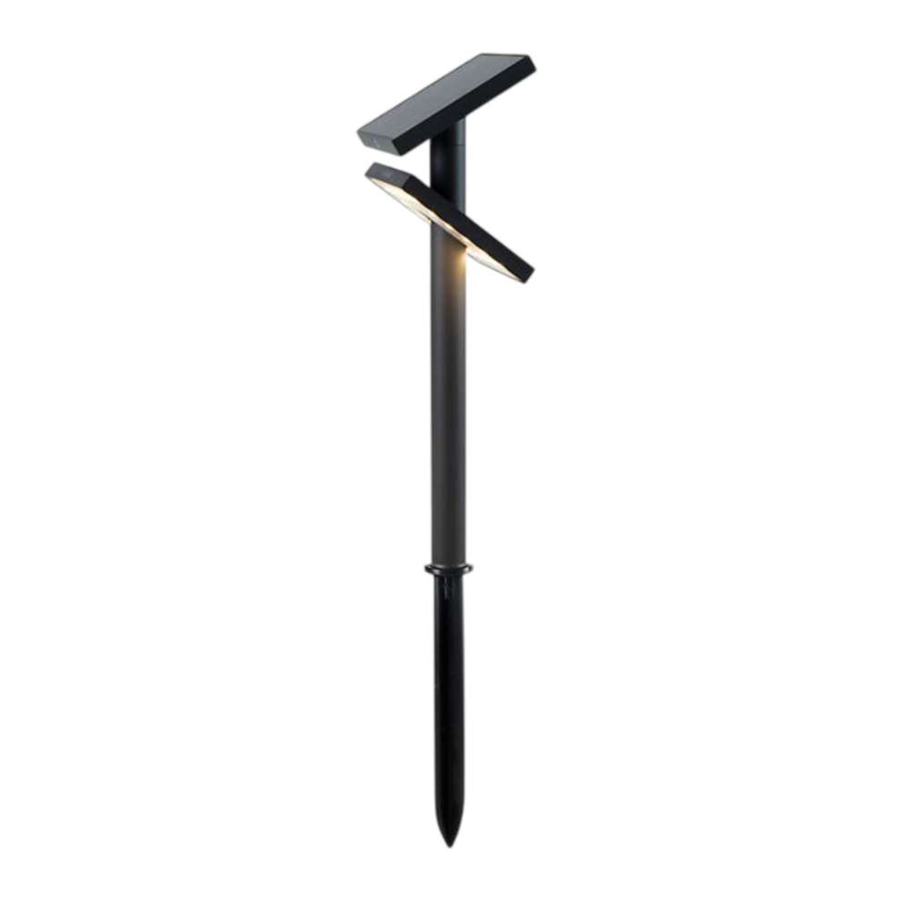 Black Crate & Barrel Zafferano Heliostepper LED Outdoor Solar Lamp with an angular cast aluminum body, a tempered glass solar panel on top and a ground stake, shown in main product view