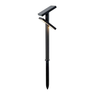 Black Crate & Barrel Zafferano Heliostepper LED Outdoor Solar Lamp with an angular cast aluminum body, a tempered glass solar panel on top and a ground stake, shown in main product view