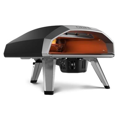 Black Ooni Koda 2 Pizza Oven angled right view showing the glowing interior the ooni logo and the burner underneath.