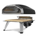 Black Ooni Koda 2 Pizza Oven exploded view with the shell above the burner grate the baking stone and the legs.