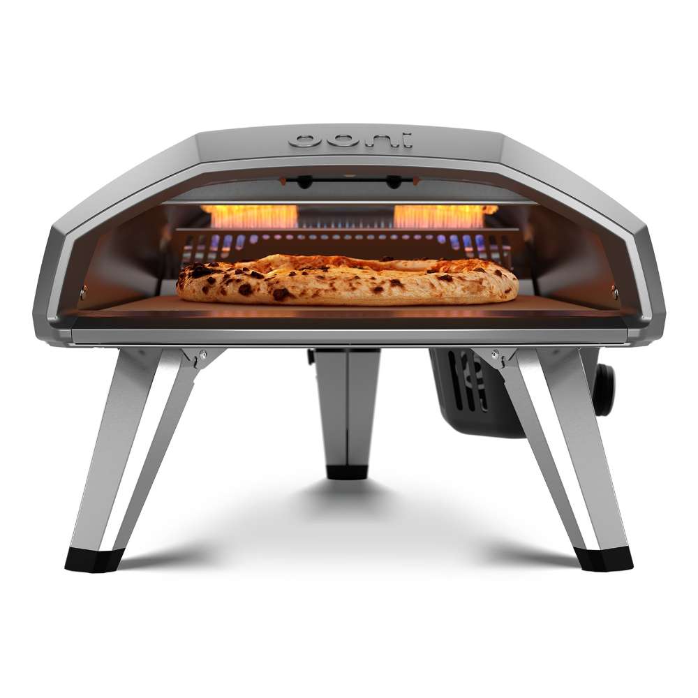 Black Ooni Koda 2 Pizza Oven front view with a cooked pizza on the stone and the burner glowing at the back.