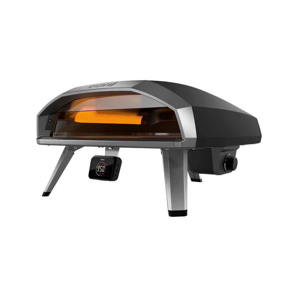 Black Ooni Koda 2 Pro Pizza Oven angled right view showing the black shell the glowing mouth and the gas control knob.