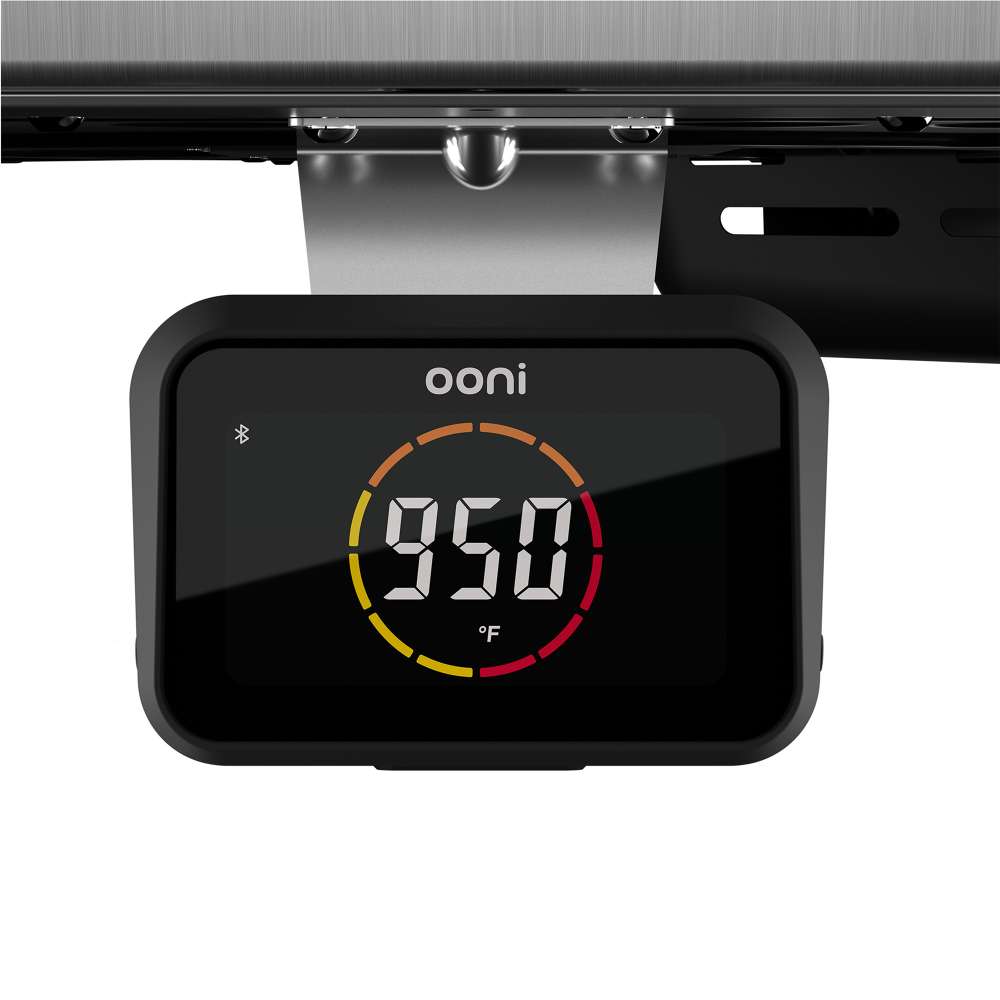 Black Ooni Koda 2 Pro Pizza Oven close view of the digital temperature display reading 950 degrees Fahrenheit.