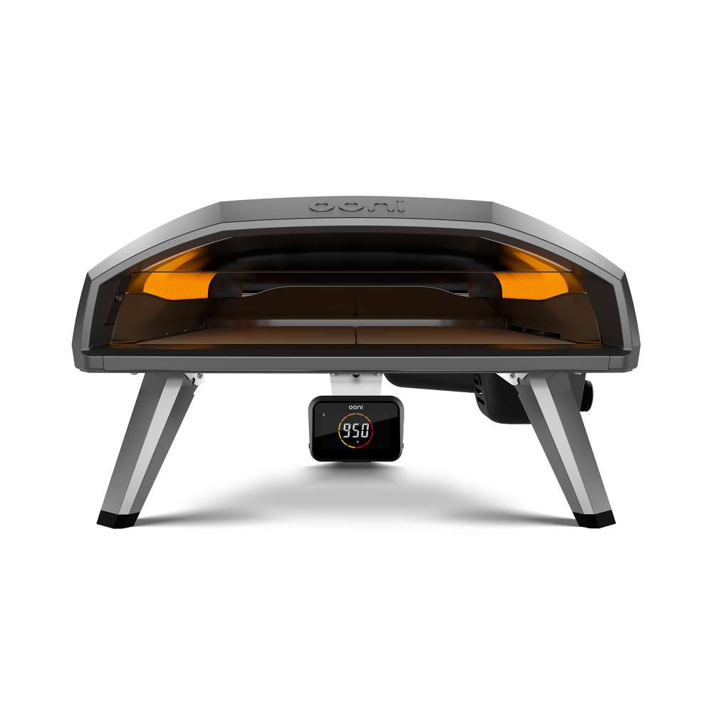 Black Ooni Koda 2 Pro Pizza Oven front view of the wide glowing mouth with the digital thermometer reading 950.