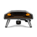 Black Ooni Koda 2 Pro Pizza Oven front view of the wide glowing mouth with the digital thermometer reading 950.