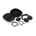 Black Sonos Ace Wireless Headphones with Noise Cancellation flat lay of the headphones with their open black carrying case, a small pouch and two cables on a white background