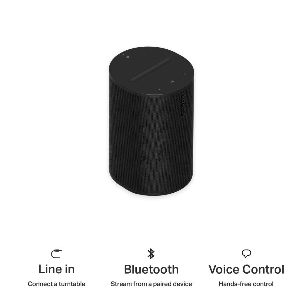 Black Sonos Era 100 Next-Gen Smart Speaker angled view above three captioned icons reading Line in connect a turntable, Bluetooth stream from a paired device and Voice Control hands-free control