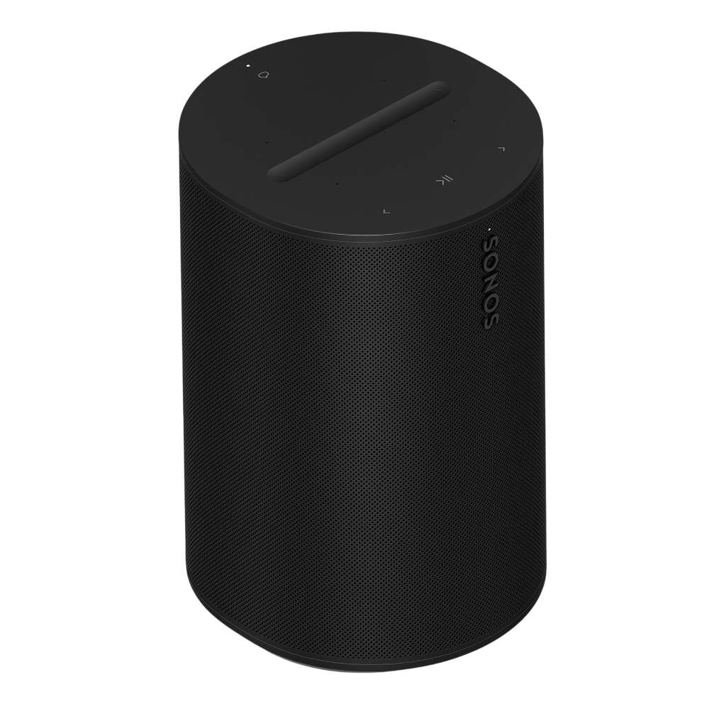 Black Sonos Era 100 Next-Gen Smart Speaker angled view of the cylindrical speaker showing its perforated grille and the touch controls on the flat top on a white background