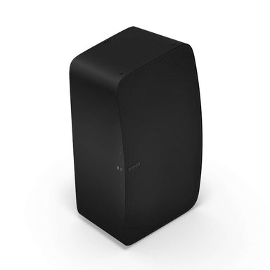 Black Sonos Five Speaker angled view of the speaker standing upright in vertical orientation on a white background