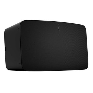 Black Sonos Five Speaker angled view of the wide rectangular speaker lying horizontally showing its curved grille on a white background