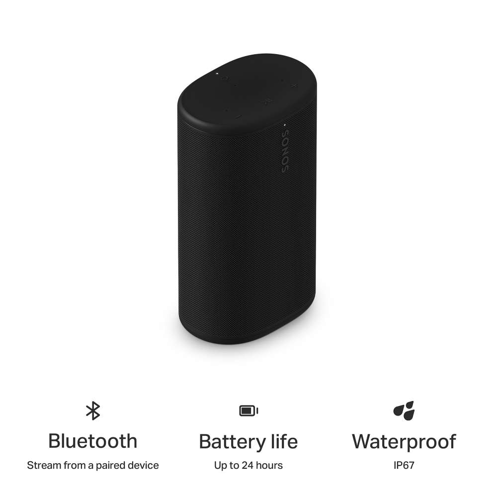 Black Sonos Play Portable Bluetooth Speaker angled view above three captioned icons reading Bluetooth stream from a paired device, Battery life up to 24 hours and Waterproof IP67