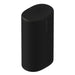 Black Sonos Play Portable Bluetooth Speaker angled view of the oval portable speaker showing its perforated grille and the Sonos wordmark on a white background