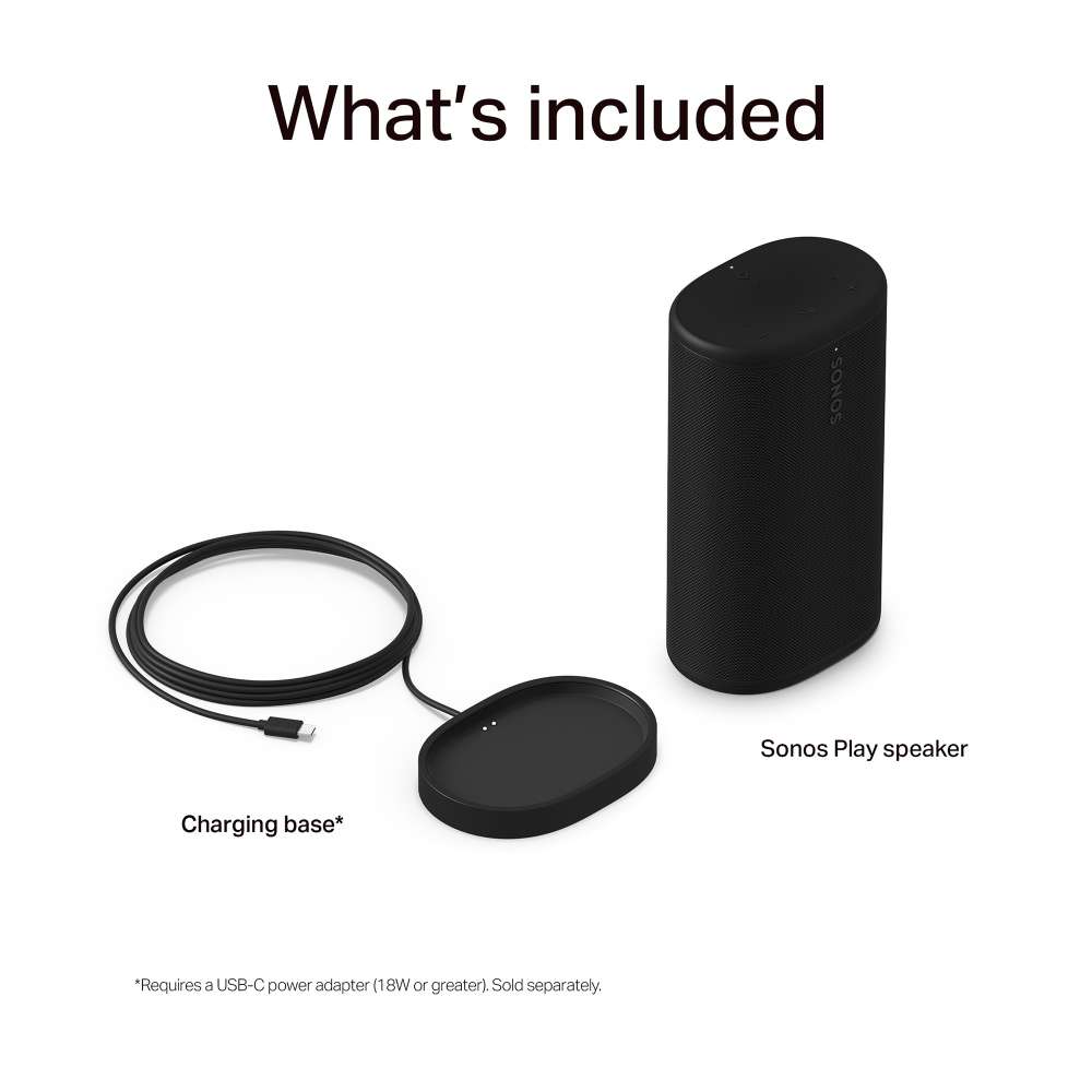 Black Sonos Play Portable Bluetooth Speaker What's included layout showing the speaker labelled Sonos Play speaker beside a charging base and cable labelled Charging base on a white background