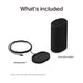 Black Sonos Play Portable Bluetooth Speaker What's included layout showing the speaker labelled Sonos Play speaker beside a charging base and cable labelled Charging base on a white background